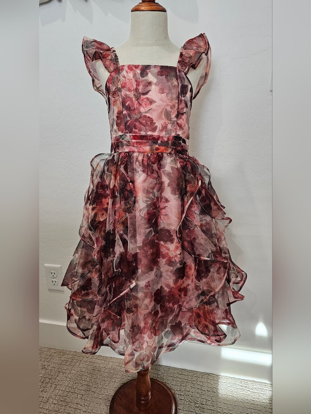 GB girls Floral Ruffle Organza Party Dress Pink & Burgundy Floral Girl's Sz 6